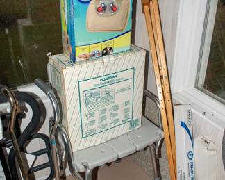 Massage pillow, crutches, shower seat, hand weights.