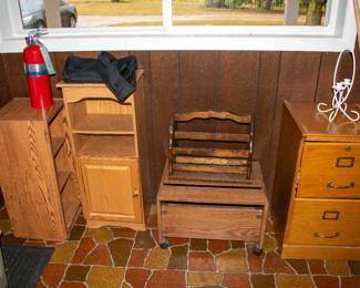 Booksheves, filing cabnet, magazine holder.
