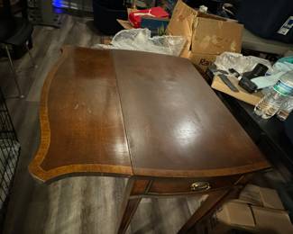Antique drop leaf side table with inlays  and drawer. 
