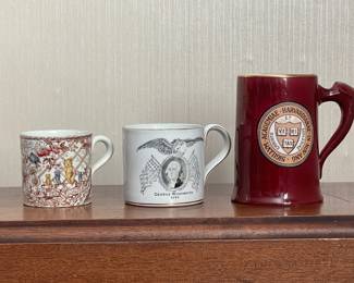 Antique cup, Washington Centennial and early Harvard stein.