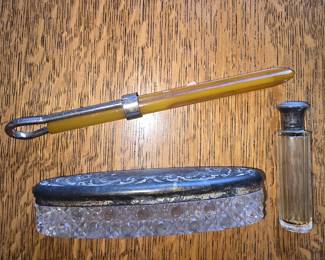 Silver capped perfume bottle, silver lidded ring dish