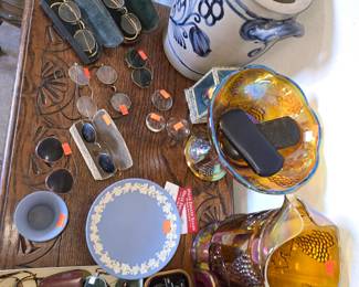 Blue wedgewood, glasses, crock & magnifying glass