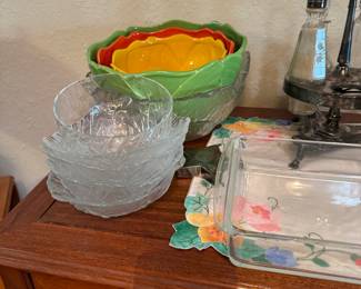 Bright Toucan inspired serving bowls, vintage PYREX, and leaf serving and salad bowls.