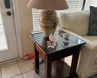 Pottery Barn side tables and artistic lamps (matching pair)