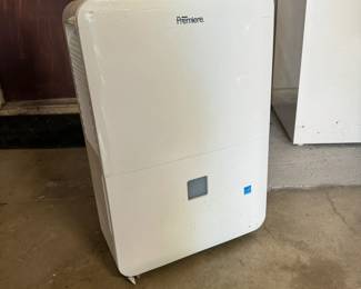 Premiere compact, portable dehumidifier with a control panel on the top for adjusting settings, such as fan speed, humidity levels, and power. The front includes a water collection tank.