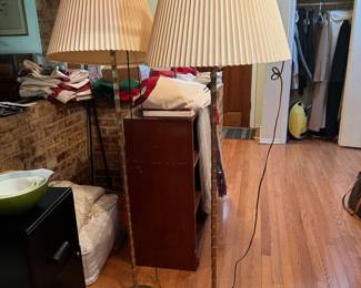 Pair of Mid Century Modern bamboo inspired floor lamps with pleated empire style shades.