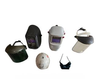 Various welders helmets and hard hat