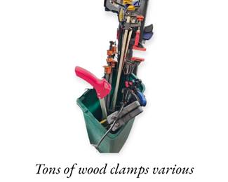 Numerous wood clamps various sizes from small to extra large
