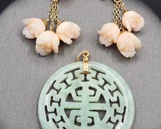 14k gold coral earrings,  jadeite pendant 