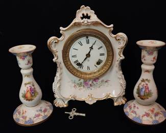 Mantel clock and candlesticks 