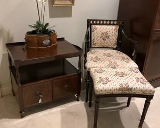 Chair and ottoman; side table