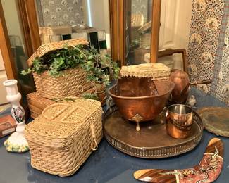 Baskets; copper and brass selections; tri-fold mirror