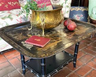 Chinoiserie papier-mâché tray table; large brass planter