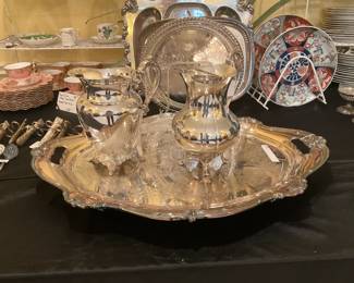 Silverplate water/tea pitchers and tray