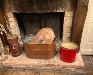 Large copper boiler; fireplace tools
