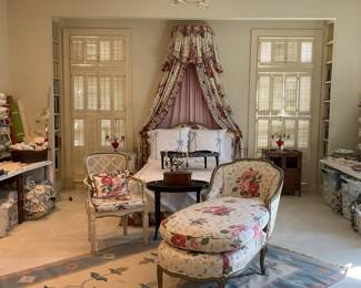 The bed and bedding are NOT for sale although it is pretty to view; chair and chaise lounge ARE for sale