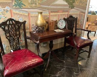 Leather seat arm chairs; mahogany flip top swivel  game table