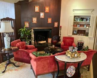 Sofa; club chairs; miscellaneous tables; décor