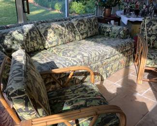 Sofa (as is); 2 bamboo chairs
