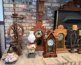 Spinning Wheel / Parlor Lamps / Clocks