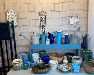 Planters, Galvanized Watering Cans, Baskets, Enamel Pitchers, etc.