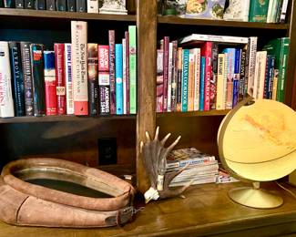 Antique Leather Horse Collar, Eagle/Antler Lamp, Illuminated Globe