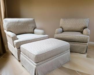 Pair Custom-Upholstered Club Chairs & Ottoman $395 or bid #11