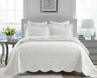 MarCielo Elegantly Embroidered Cotton Oversized Quilt Bedspread, King, White