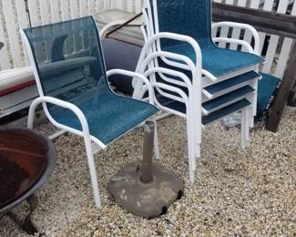 Patio chairs; umbrella stand