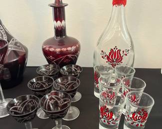 Bohemian Art Glass Decanter with Six Cordial Liquor Glasses 