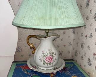 Vintage ceramic bowl & Pitcher floral pattern Lamp 1950s 
