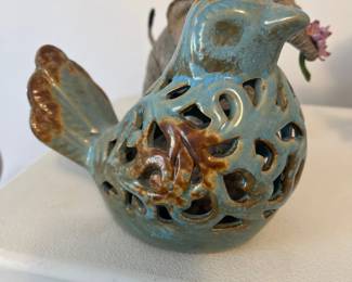 Ornate Filigree Small Ceramic  Bird - Teal / Brown 