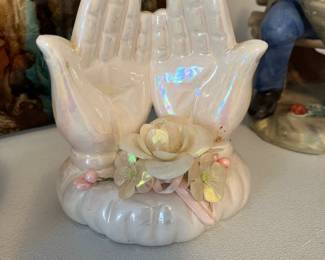 vintage iridescent ceramic, open praying hands 