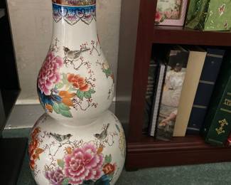 Large Chinese Double Gourd Vase Porcelain Birds Butterflies flowers 