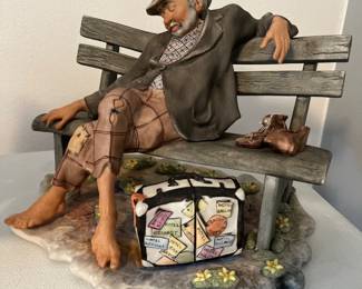 Hobo on the Bench with Suitcase - Vintage Traveling Clown 7" Figurine 