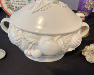 Vintage Hollywood Regency Ironstone Soup Tureen with Fruit Motif - 3 piece Set 