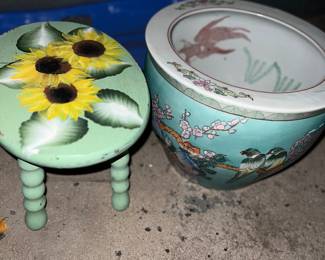Asain Ceramic Fish Bowl & Wooden Foot Stool Decor