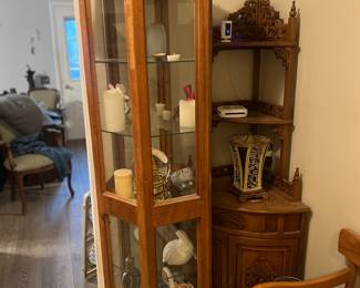 Oak Lighted Display Cabinet & Chinese Corner Cabinet