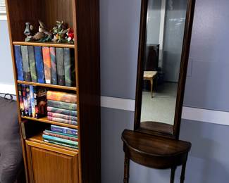 Antique Narrow Entry Table w/Mirror, Bookshelf, Books, Misc.