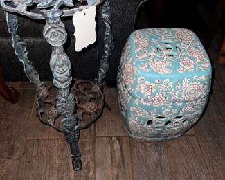 Cast Iron Plant Stand & Ceramic Asian Stool