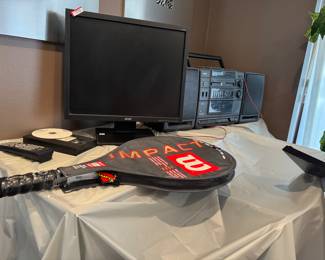 Acer monitor and stereo system, tennis rachet