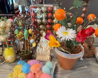 Easter decorating plants and Christmas balls 