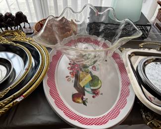 Lucite fruit bowl, metal trays, 
Camel figurine 