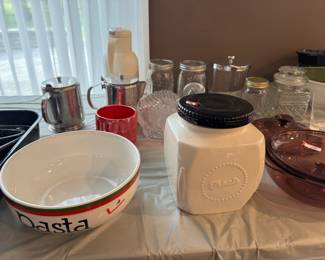Pasta bowl. Canister, jars, Pyrex, 
