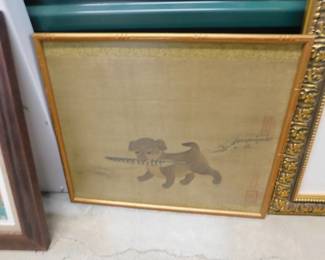 VINTAGE INK ON SILK 
“PUPPY PLAYING WITH A PHEASANT FEATHER”
KOREAN ART BY YI AM