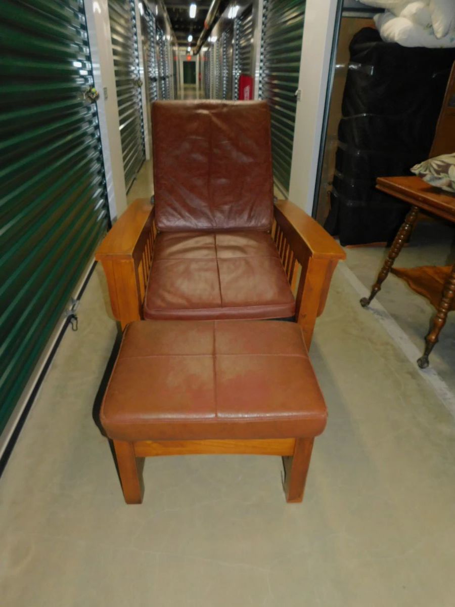 Vintage Pair Of Stickley Style Mission Leather Morris Arm Chairs With Ottomans