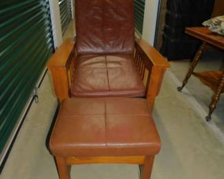 Vintage Pair Of Stickley Style Mission Leather Morris Arm Chairs With Ottomans