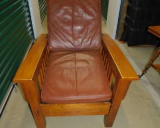 Vintage Pair Of Stickley Style Mission Leather Morris Arm Chairs With Ottomans
