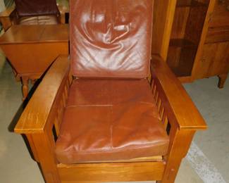 Vintage Pair Of Stickley Style Mission Leather Morris Arm Chairs With Ottomans