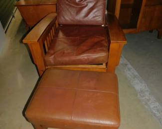 Vintage Pair Of Stickley Style Mission Leather Morris Arm Chairs With Ottomans